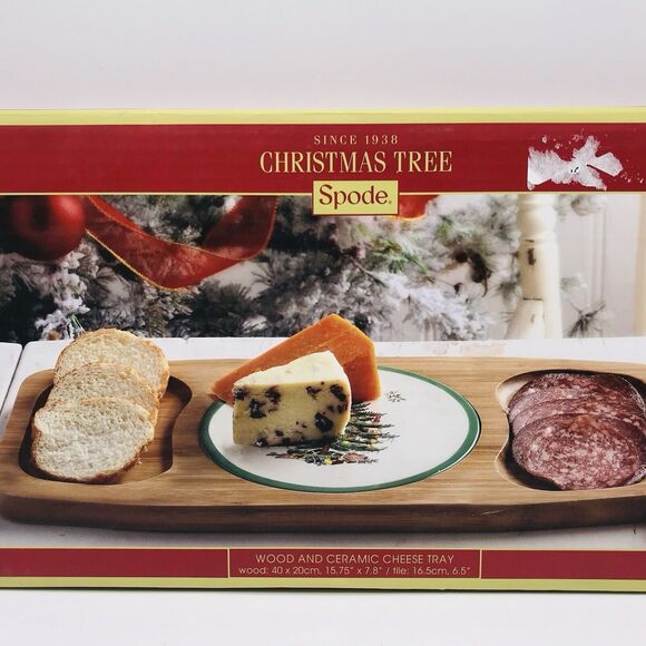 Spode Christmas Tree Bamboo Wood and Ceramic Cheese Tray 15.75 x 7.8 Inches NEW - Picture 3 of 8